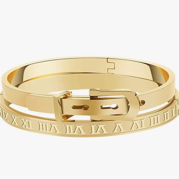 14k gold Roman numeral bangle set designer look - Picture 1 of 4